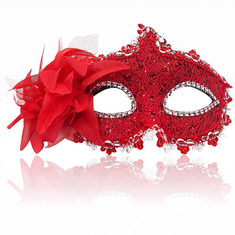 Cosmer Masquerade Mask for Women Venetian Masks Christmas Women Flower Half-face Masks Eye mask Cosplay Lace mask (Red) - Image 2